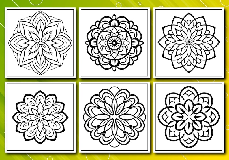 May include: Six black and white mandala designs are displayed in square frames. Each mandala features intricate floral or geometric patterns, perfect for coloring or artistic projects. The designs vary in complexity and style, offering a range of creative options.