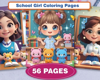 56 School Girls Coloring Pages | Digital Download | Girl Coloring Book | Cute Kawaii girls Coloring | Digital Printable