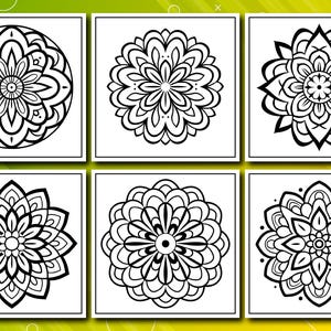May include: Six black and white mandala designs on a white background. Each mandala features intricate floral patterns within a circular shape. The designs are suitable for coloring or decorative purposes.