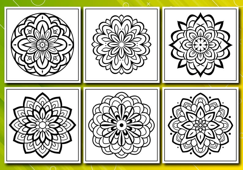 May include: Six black and white mandala designs on a white background. Each mandala features intricate floral patterns within a circular shape. The designs are suitable for coloring or decorative purposes.