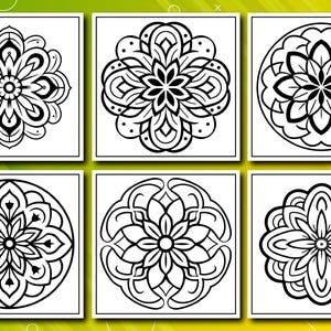 May include: Six black and white mandala designs, each in a square frame. The mandalas feature intricate floral and geometric patterns, with varying petal and line arrangements. The designs are suitable for coloring or decorative purposes.
