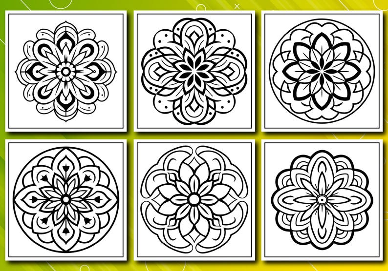May include: Six black and white mandala designs, each in a square frame. The mandalas feature intricate floral and geometric patterns, with varying petal and line arrangements. The designs are suitable for coloring or decorative purposes.