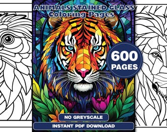 Animals Stained Glass Coloring Pages, Stress Relief Activity (Instant PDF Download)