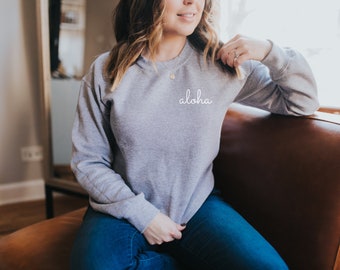 Aloha Sweatshirt, Aloha Pocket Sweat Shirt, Hawaiian Greeting Crew Neck, Pocket Aloha Crewneck, Hawaii Pullover, Hawaiian Hello Fleece