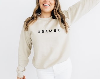 Roamer Sweatshirt, Minimalist Unisex Crewneck Shirt, Outdoor Adventure Long Sleeve Shirt, Family Camping Trip Sweater, Matching Vacation Top