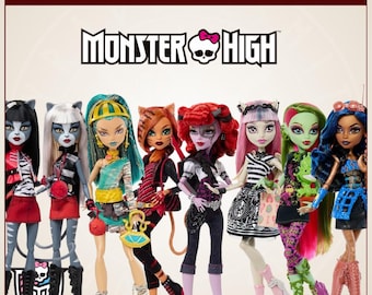 May include: A collection of eight Monster High dolls featuring diverse hair colors, outfits, and accessories. The image includes the text CUSTOM HAIR COLOR SETS - CORE 2 and the Monster High logo. Each doll displays unique facial features, clothing styles, and footwear.