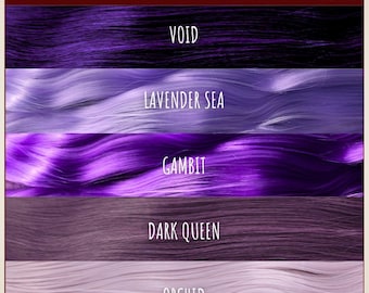 May include: A color chart titled KYRADOLLSMITH'S HAIR COLORS - PURPLES, 80CM/31IN, 20G/0.70Z, displaying five horizontal hair swatches labeled Void, Lavender Sea, Gambit, Dark Queen, and Orchid, ranging from deep black-purple to light pastel.