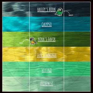 May include: A color chart titled KYRADOLLSMITH'S HAIR COLORS GREENS AND YELLOWS displaying six horizontal hair swatches in shades of dark teal, bright teal, lime green, golden yellow, mint green, and pale sage. Includes bird icons and labels.