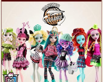 May include: Seven Monster High dolls from the Monster Exchange collection are displayed in a row. The text CUSTOM HAIR COLOR SETS - EXCHANGE STUDENTS appears at the top, with the Monster Exchange logo and Monster High logo visible.