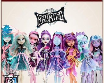 May include: A collection of eight Monster High dolls featuring the Haunted Students theme. Each doll has distinct hair colors, detailed outfits with chain-like accessories, and unique skin tones. The text CUSTOM HAIR COLOR SETS - HAUNTED STUDENTS is displayed at the top, with the Monster High logo in the bottom left corner.