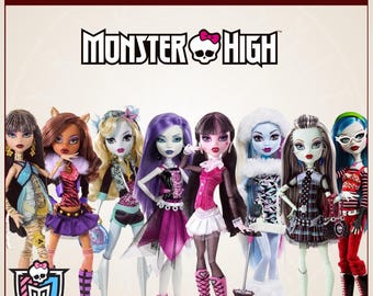 May include: A collection of eight Monster High dolls featuring diverse hair colors and outfits. The image includes the Monster High logo and the text CUSTOM HAIR COLOR SETS - CORE 1. Each doll displays unique facial features, clothing styles, and accessories.