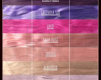 May include: A color chart titled KYRADOLLSMITH'S HAIR COLORS - PINKS AND PURPLES displaying seven horizontal hair swatches labeled Dark Queen, Lavender Sea, Enid, Fairy Dust, Sakura, Alabaster, and Orchid. The chart indicates a length of 31 inches.