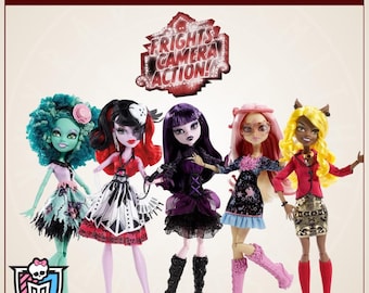 May include: Five Monster High dolls from the Frights, Camera, Action! collection. The dolls feature diverse hair colors, detailed outfits, and accessories. The image includes the text Custom Hair Color Sets - Frights, Camera, Action! and the Monster High logo.
