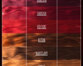 May include: A color chart titled KYRADOLLSMITH'S HAIR COLORS - REDS AND GINGERS displaying six hair shades labeled Dracula, Sabrina, Volturi, Bloom, Mahogany, and Amber. The chart includes a measurement of 80CM/31IN at the bottom for the hair length.