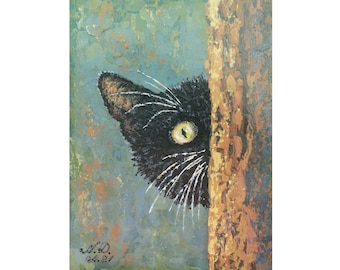 pigeon painting cat lady gifts cat print colorful painting surrealism art cat art wall decor Black cat painting print on canvas
