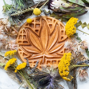 May include: A round, brown waffle with a leaf design. The waffle is surrounded by dried flowers and plants.