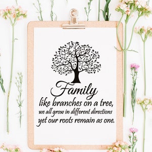 May include: A black and white printable wall art design featuring a stylized tree with the text "Family like branches on a tree, we all grow in different directions yet our roots remain as one."