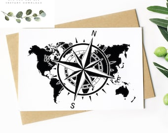 Mappa del mondo con bussola SVG: design di viaggio e avventura (download digitale)