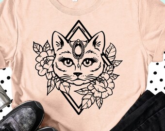 Boho Cat SVG: Flower Frame Mandala, Cricut Files (Digital Download)