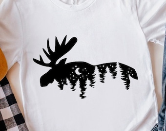 Moose Silhouette SVG: Mountains, Pine Trees, Stars (Digital Download)