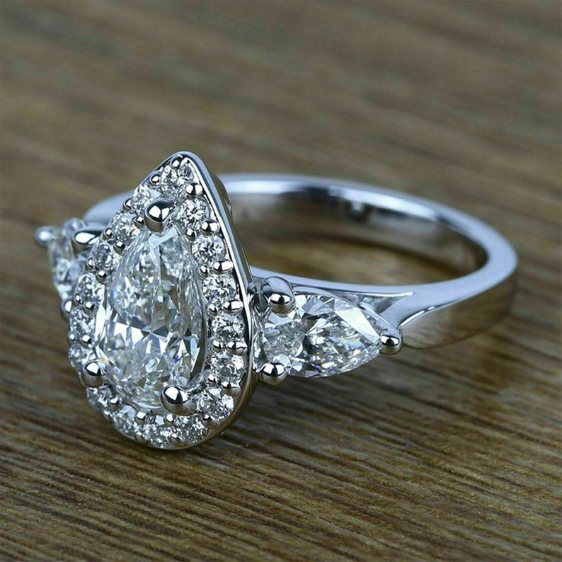 14k White Gold Finish 925 Silver 1.80Ct Pear /& Round Cut VVS1D Cubic Zirconia Halo Engagement Ring