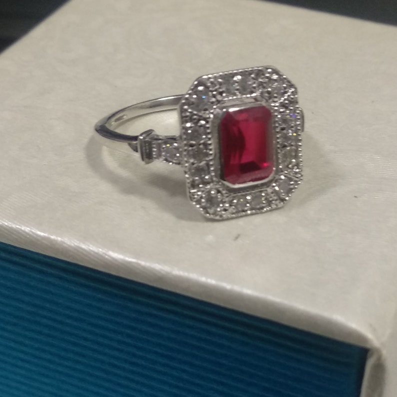 1.50 Ct Emerald Cut Red Ruby Miligrin Design Engagement Wedding Ring 14K White Gold Over 925 Sterling Silver Gift For Her