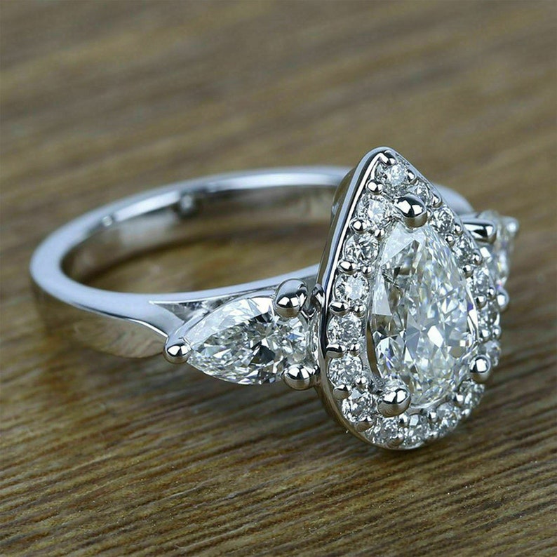 14k White Gold Finish 925 Silver 1.80Ct Pear /& Round Cut VVS1D Cubic Zirconia Halo Engagement Ring