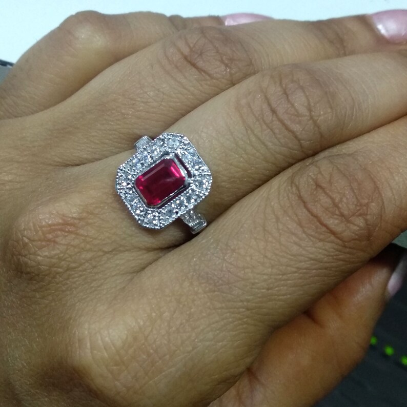 1.50 Ct Emerald Cut Red Ruby Miligrin Design Engagement Wedding Ring 14K White Gold Over 925 Sterling Silver Gift For Her