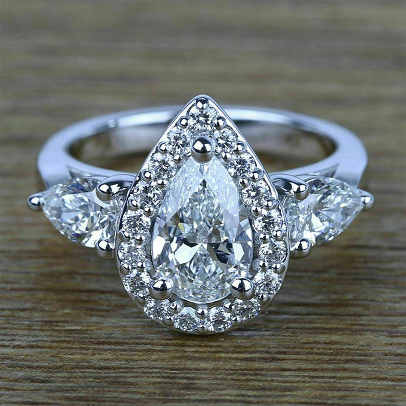 14k White Gold Finish 925 Silver 1.80Ct Pear /& Round Cut VVS1D Cubic Zirconia Halo Engagement Ring