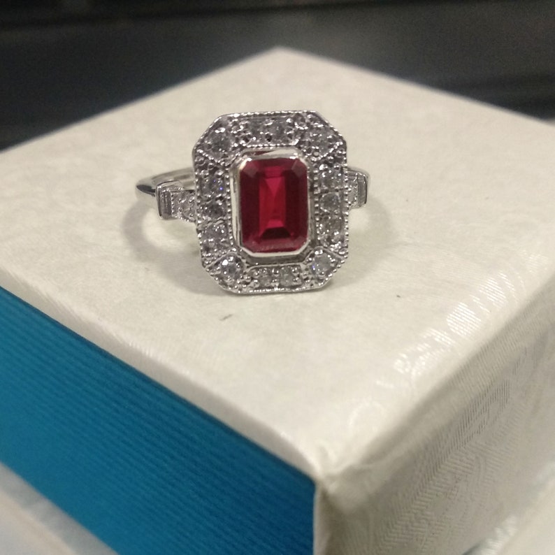 1.50 Ct Emerald Cut Red Ruby Miligrin Design Engagement Wedding Ring 14K White Gold Over 925 Sterling Silver Gift For Her