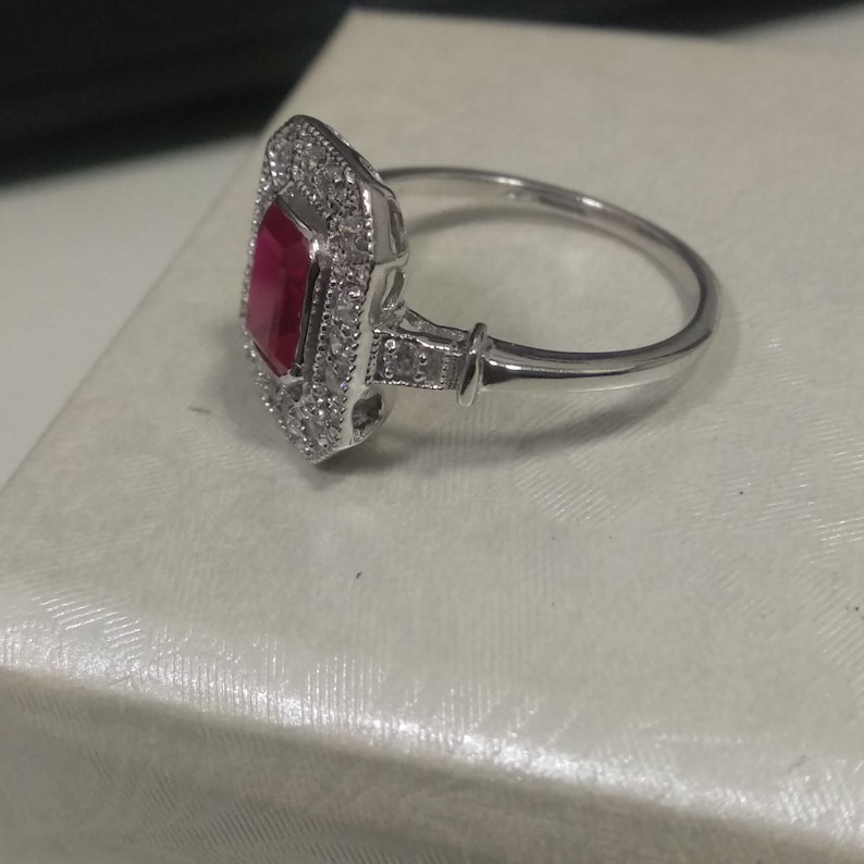 1.50 Ct Emerald Cut Red Ruby Miligrin Design Engagement Wedding Ring 14K White Gold Over 925 Sterling Silver Gift For Her