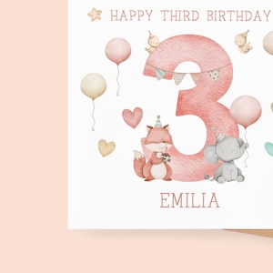 Ballons d'animaux mignons pour 3e anniversaire personnalisés | Carte 3e anniversaire