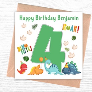 d'anniversaire personnalisée pour garçon ou fille | carte dinosaure | 4ème carte d'anniversaire | 4e carte d'anniversaire