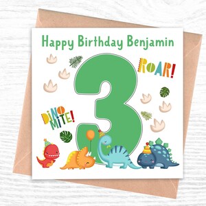 Carte d'anniversaire personnalisée pour garçon ou fille | carte dinosaure | 3ème carte d'anniversaire | 3e carte d'anniversaire