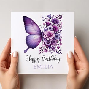 Carte d'anniversaire personnalisée papillon et floral, carte d'anniversaire papillon rose violet