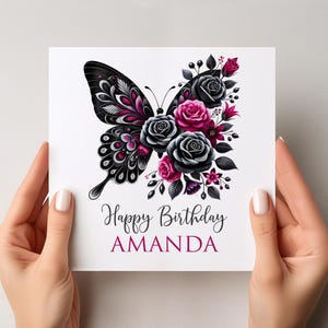 Carte d'anniversaire papillon et floral personnalisée, carte d'anniversaire papillon noir et rose