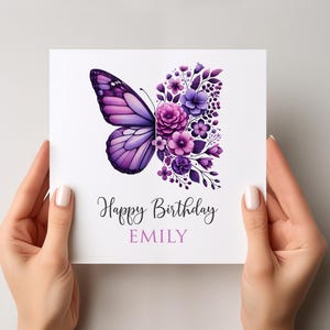 Carte d'anniversaire personnalisée papillon et floral, carte d'anniversaire papillon rose violet