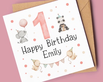 1st Birthday Card for her | Animals 1st Birthday Card | Watercolour Animals 1st Birthday Card