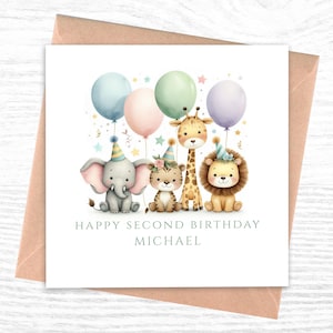Carte personnalisée pour le 2e anniversaire | Carte 2e anniversaire animaux de safari