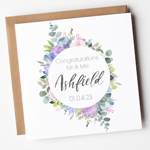 Carte de mariage personnalisée pour jeunes mariés | Carte de mariage florale | Monsieur et Madame | Je viens de me marier | Carte de félicitations