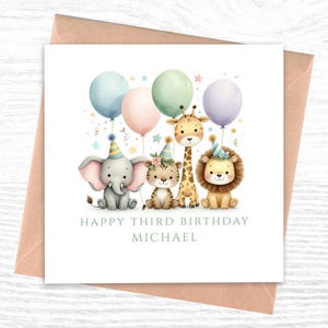 3ème carte d'anniversaire personnalisée | Carte pour le 3e anniversaire d'animaux de safari