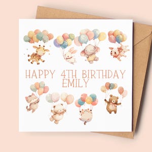 Carte 4e anniversaire personnalisée Ballons animaux | Carte 4e anniversaire