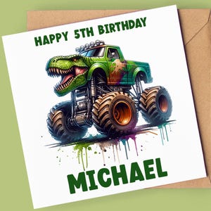 Carte personnalisée pour 5e anniversaire | Camion monstre de dinosaure | 5ème carte d'anniversaire |