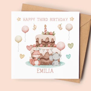 3e anniversaire personnalisée avec un gâteau et des animaux | Carte 3e anniversaire