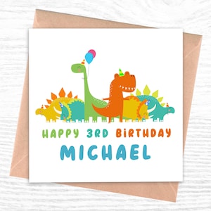 Carte d'anniversaire personnalisée pour garçon ou fille | carte dinosaure | 3ème carte d'anniversaire | 3e carte d'anniversaire