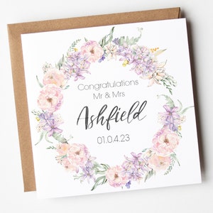Carte de mariage personnalisée pour jeunes mariés | Carte de mariage florale | Monsieur et Madame | Je viens de me marier | Carte de félicitations