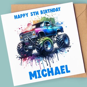 Carte personnalisée pour 5e anniversaire | camion monstre | 5ème carte d'anniversaire |