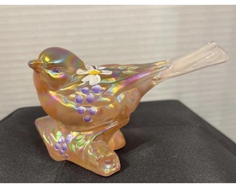 Vintage Fenton Art Glass Iridescent  "Bird of Happiness" Figurine On A Branch