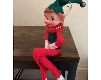 Vintage Elf Knee Hugger Pixie Shelf Sitter Felt Christmas Ornament Red Green