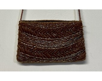 Vintage 80's Magid Brown Satin Beaded Evening Bag Chevron Pattern